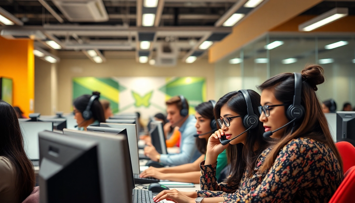 Showcase a call center in Tijuana bustling with professional agents actively engaging over the phone.