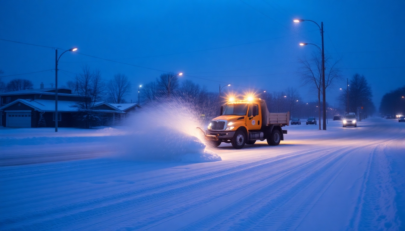 Snow plowing vehicle clearing a snow-covered road, ensuring safe passage for vehicles and pedestrians.