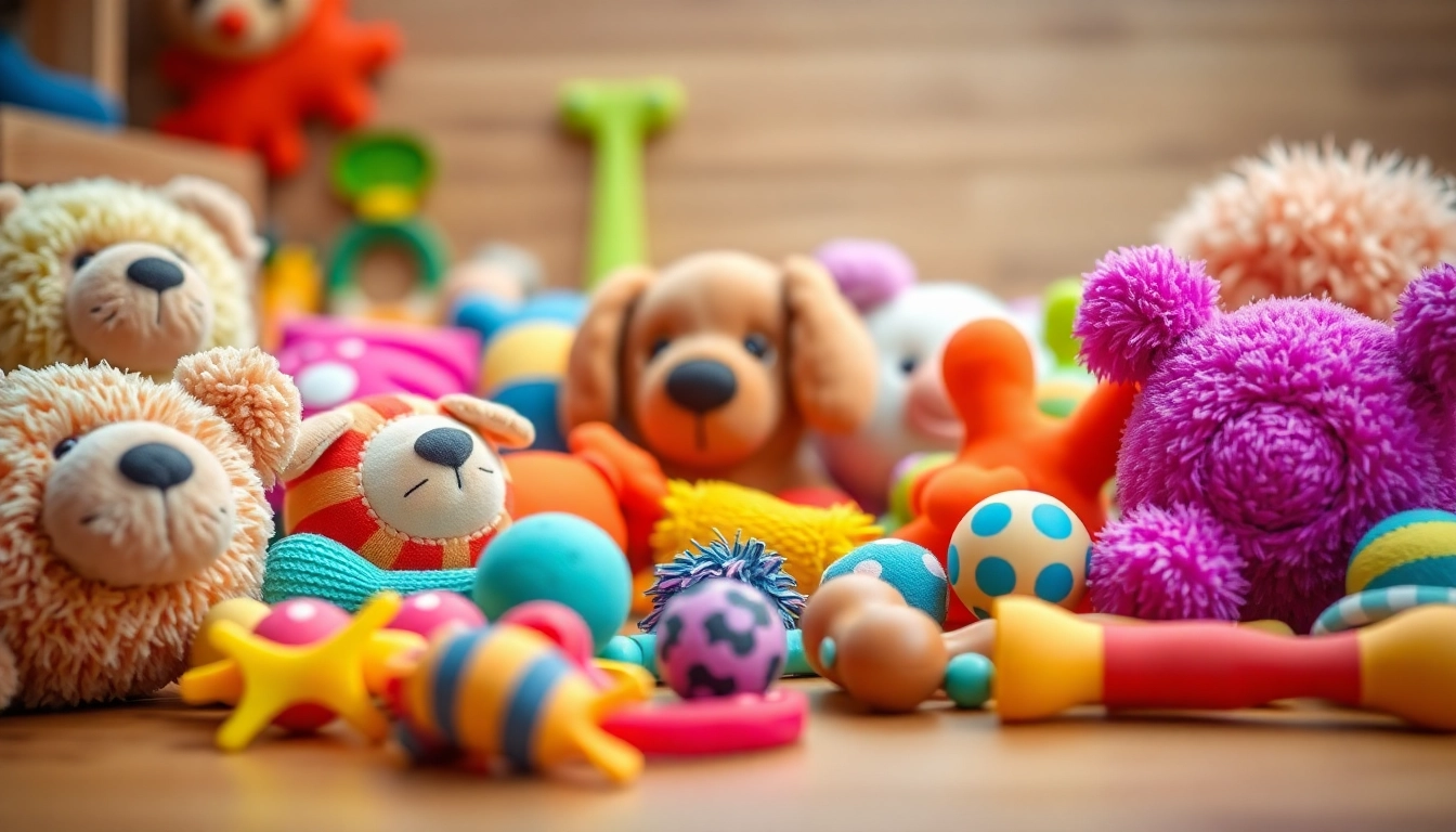 Engaging pet toys arrayed on a wooden surface, showcasing vibrant colors and textures for pets.