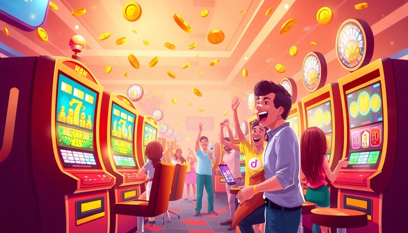 Players enjoying slot online games in a lively casino environment with colorful machines and vibrant lights.