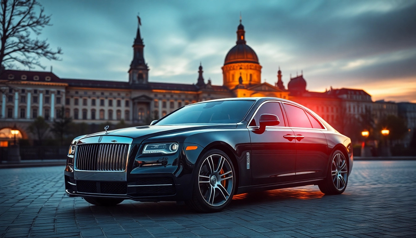 Luxurious black car showcasing premium luxury private car service Prague against a historical backdrop.