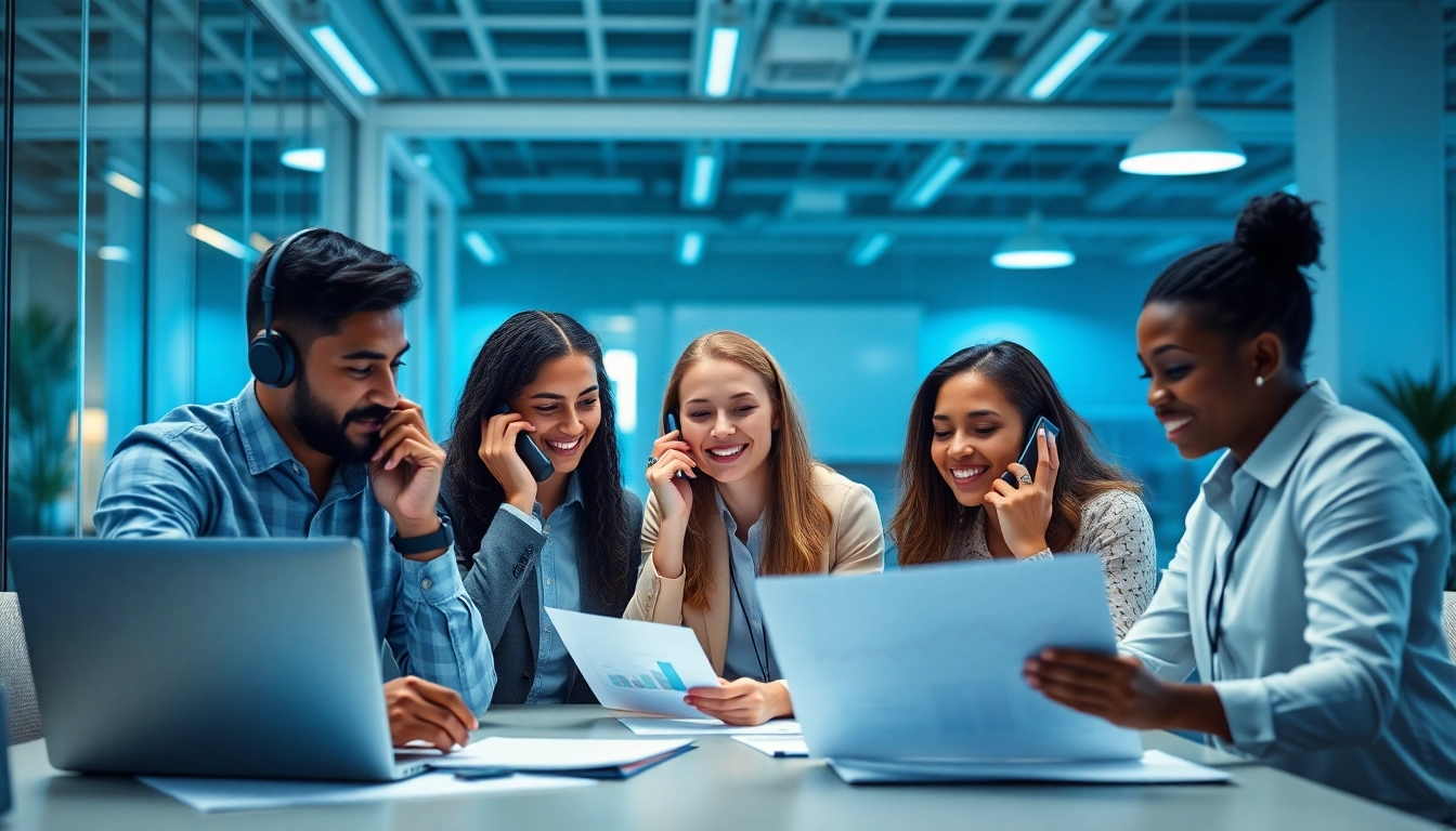 Wholesale real estate cold callers collaborating in a bright office environment.