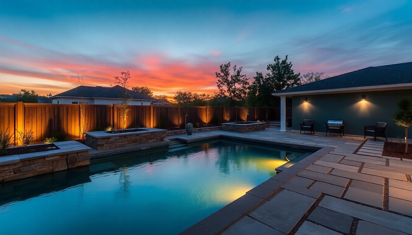 Enhance your outdoor oasis with Hardscapes & Pools featuring elegant stone pathways and a beautiful pool area.