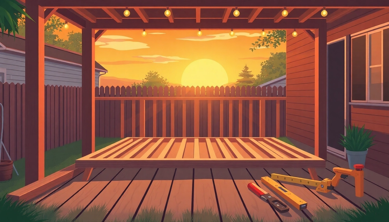 Detailed view of deck construction showcasing wooden framing and tools for a DIY project.