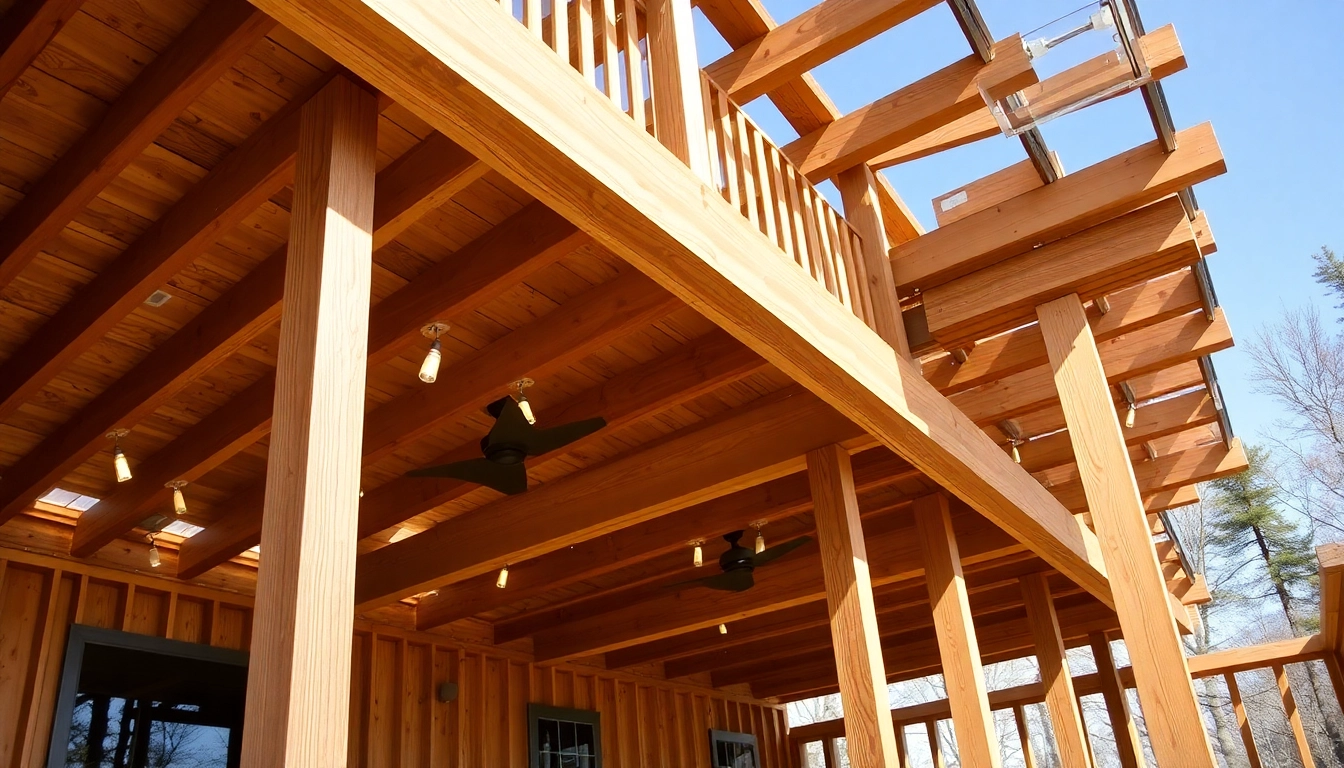 Deck construction showcasing intricate framing and support beams in a warm, natural setting.