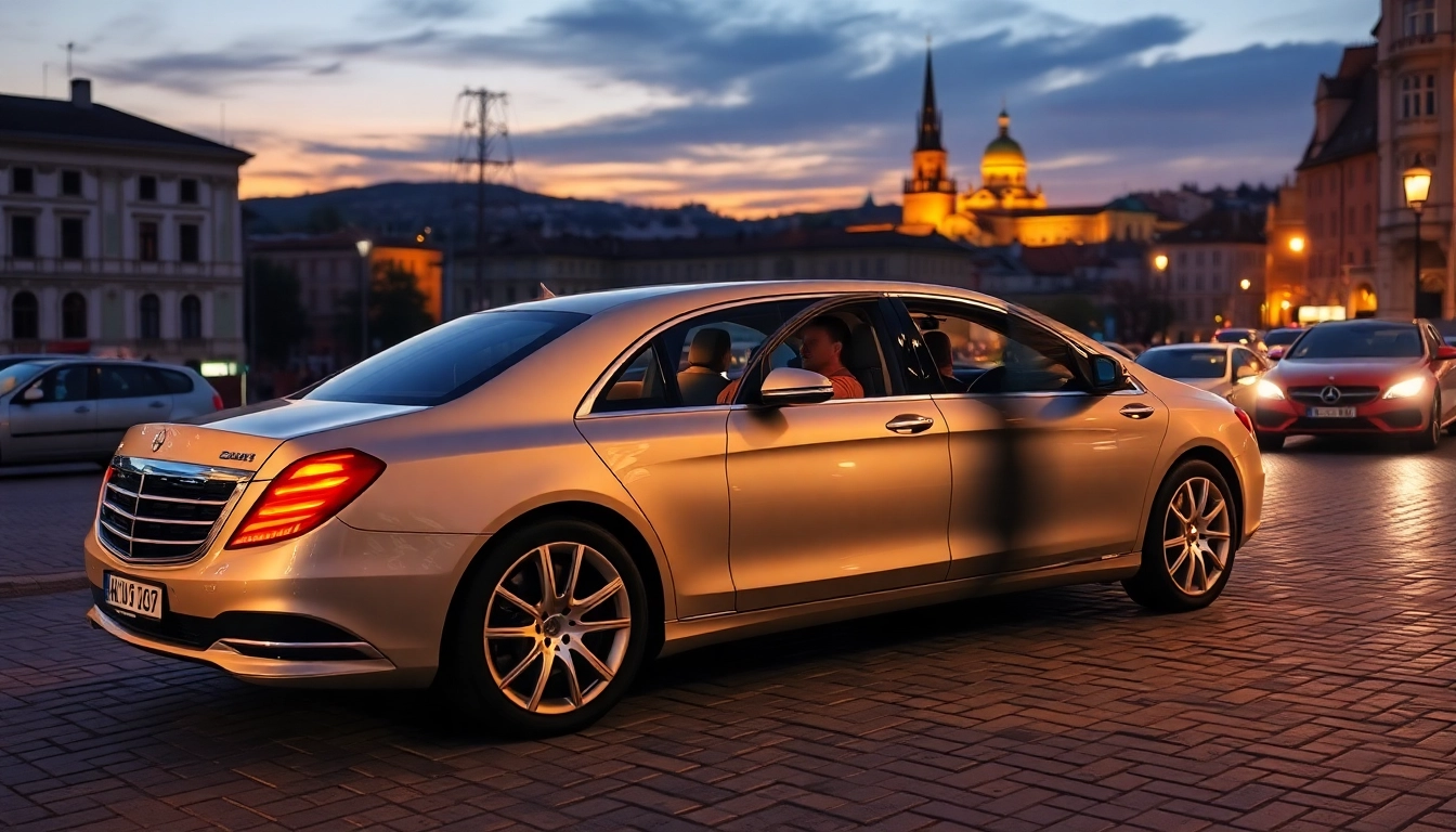 Experience luxury private car service Prague with a stylish chauffeur-driven sedan in a historic setting.