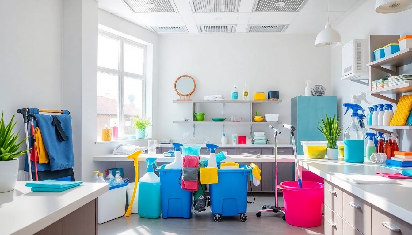 Cleaning company in Jacksonville showcasing clean products and tools in a bright workspace.