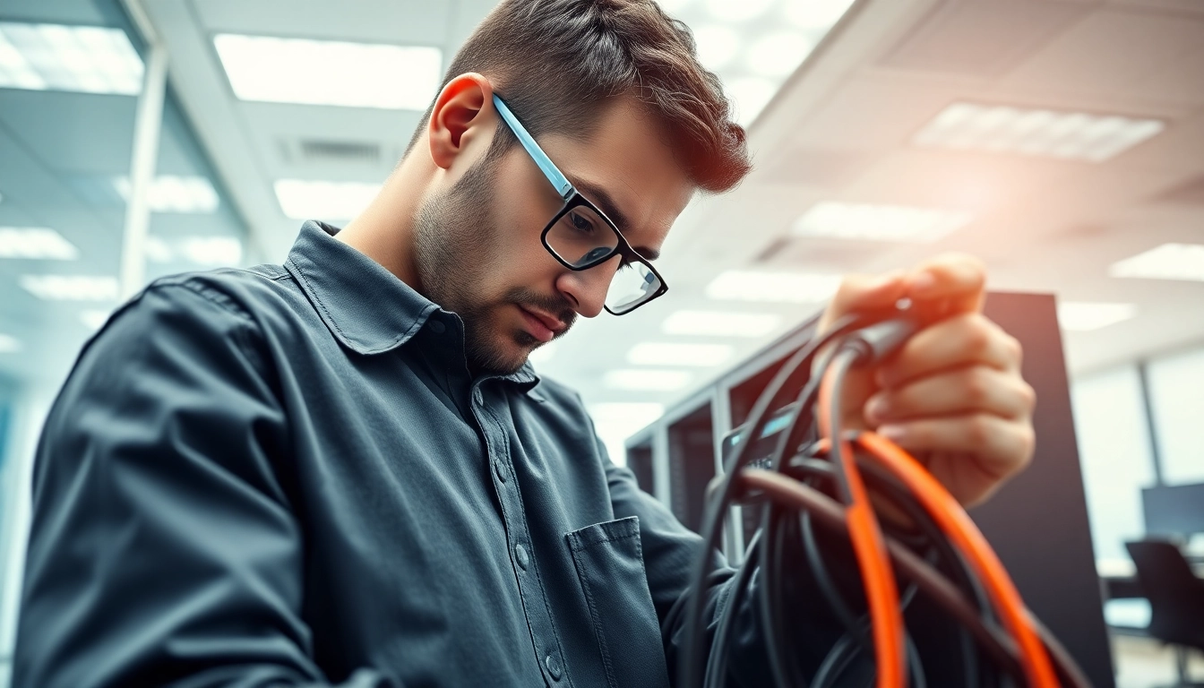 Install data cable installation service in a modern office, showcasing an expert technician at work.