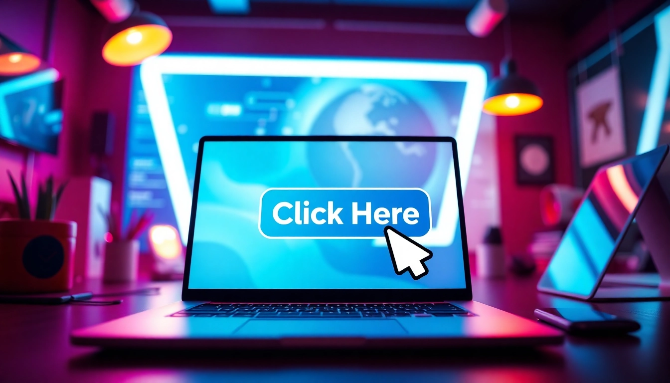 Clickable "Click Here" button on a modern laptop screen in a vibrant workspace, inviting user interaction.