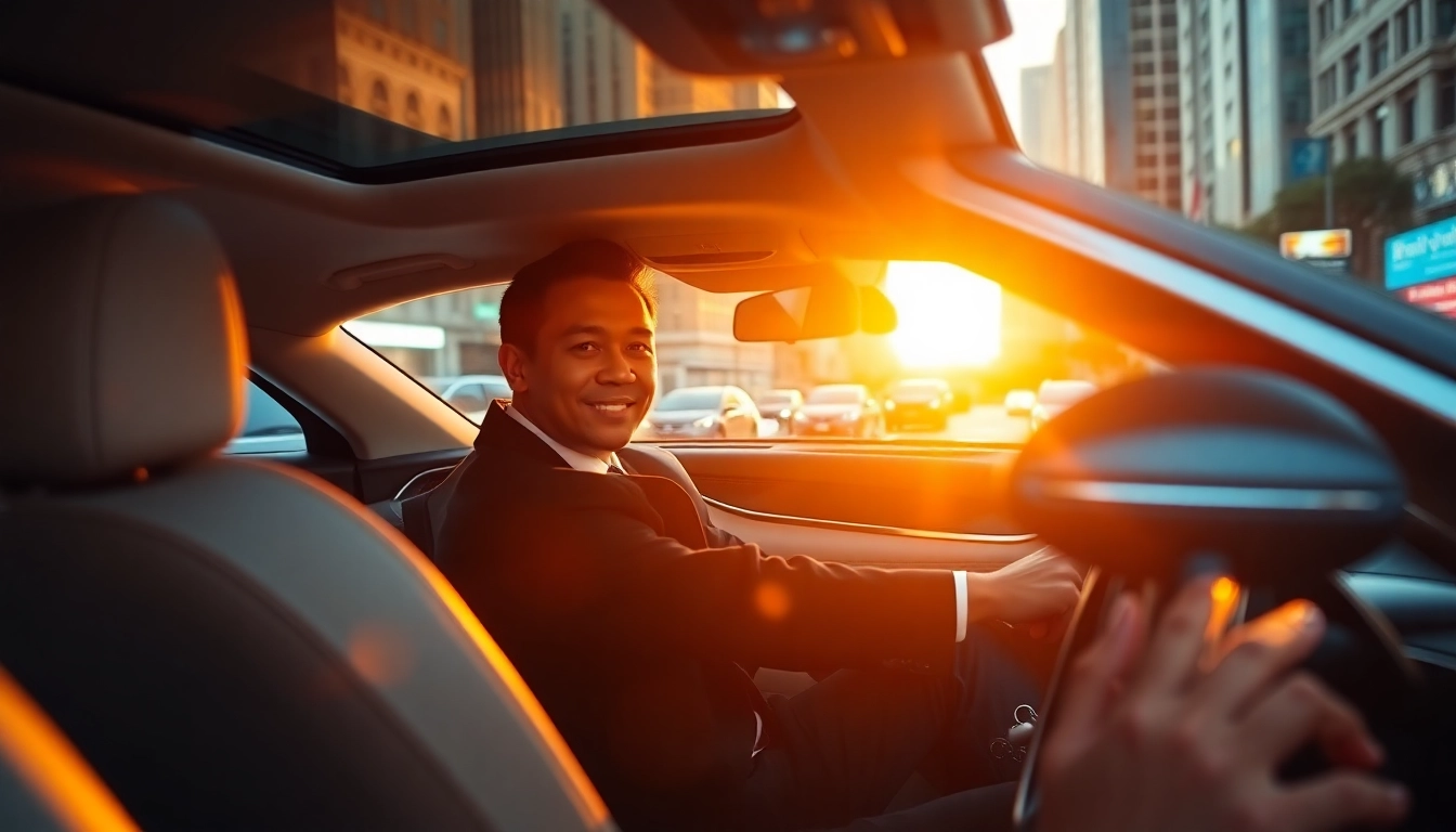 Luxury hire car with driver Manila showcasing elegance against a vibrant city backdrop.