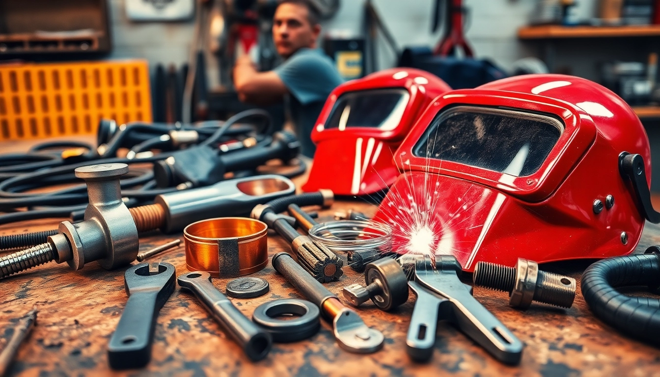 Browse welding supplies near me showcasing tools, masks, and equipment in a workshop setting.