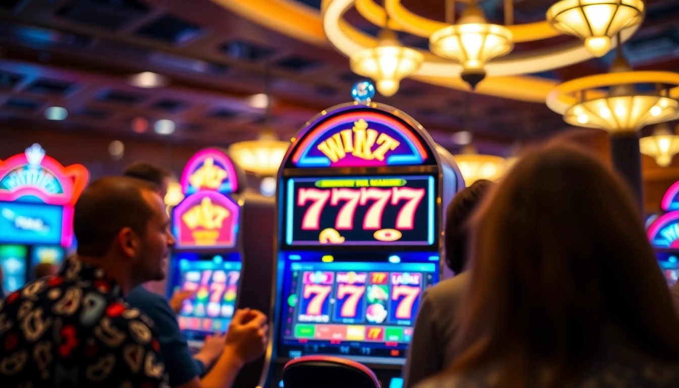 Playing a vibrant สล็อต777 slot machine in a lively casino atmosphere, with colorful reels and excited players around.