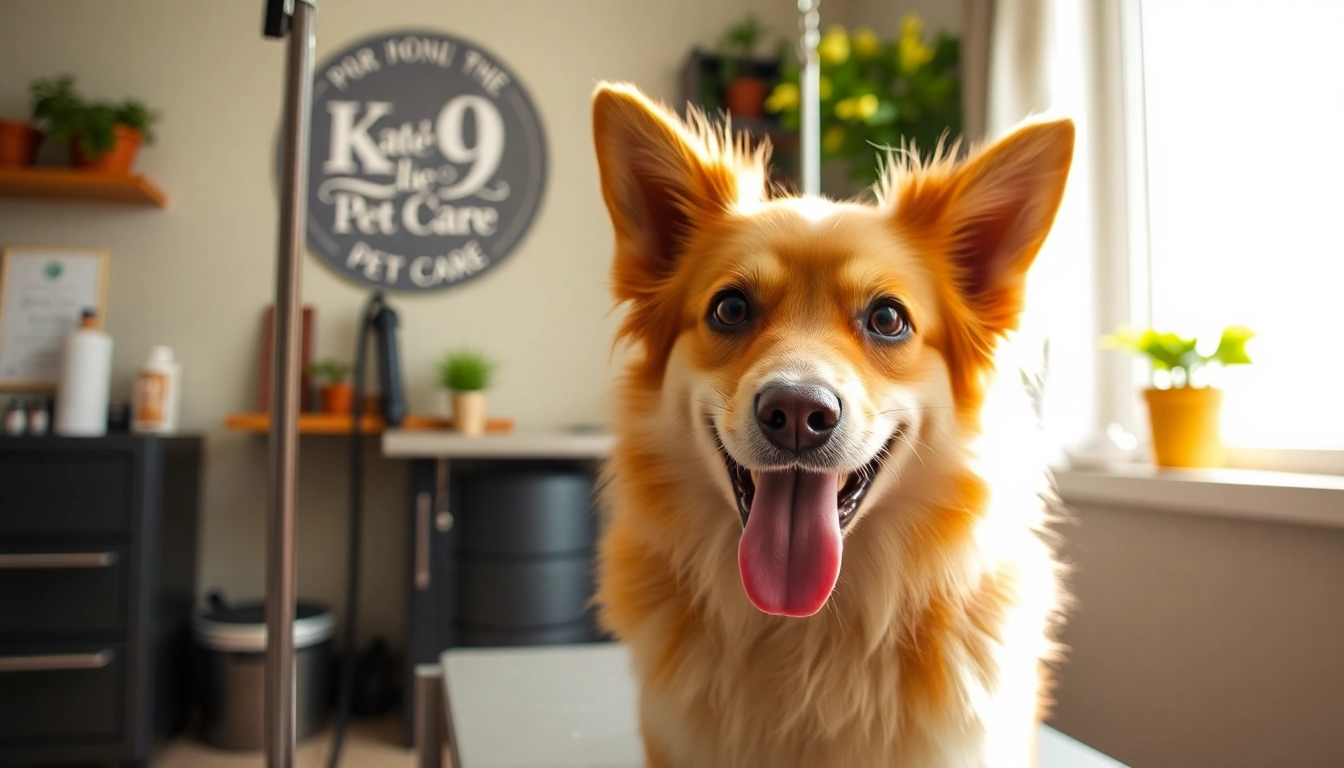 Grooming a happy dog at Kate's K9 Pet Care, showcasing friendly service and care.