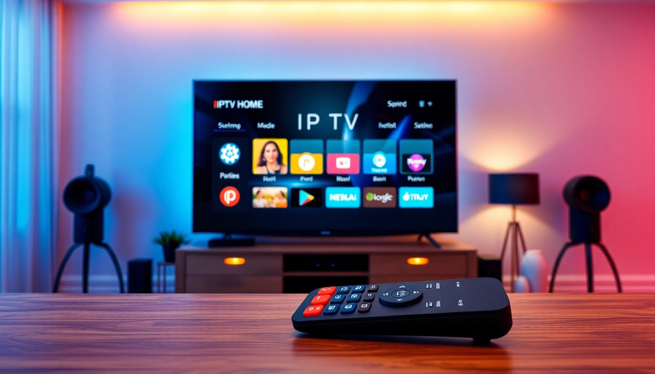 Engage with our iptv trial, featuring a modern living room showcasing a vibrant IPTV interface on a large screen.