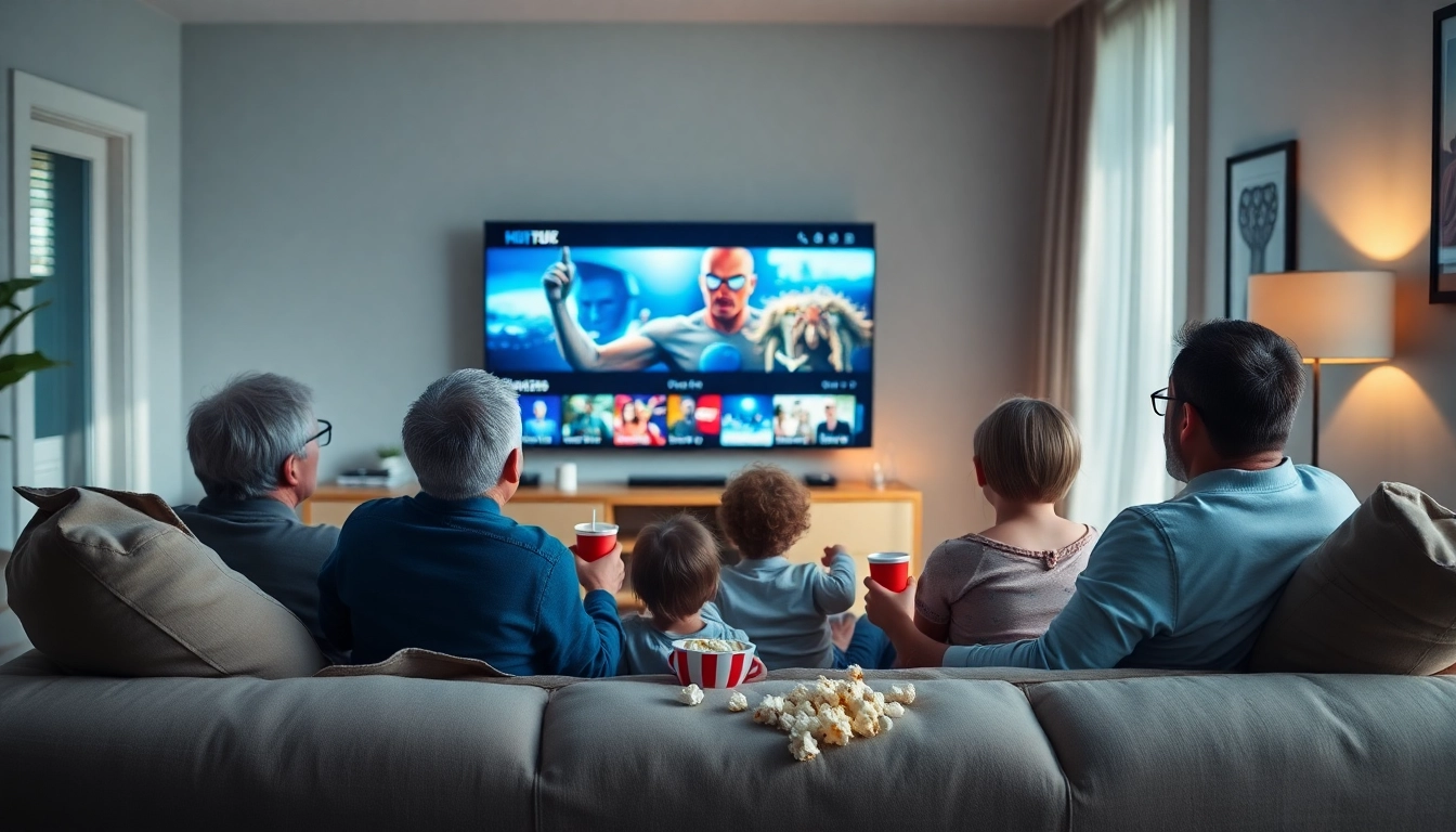Enjoy a free streaming trial in a cozy living room setting with family watching TV.