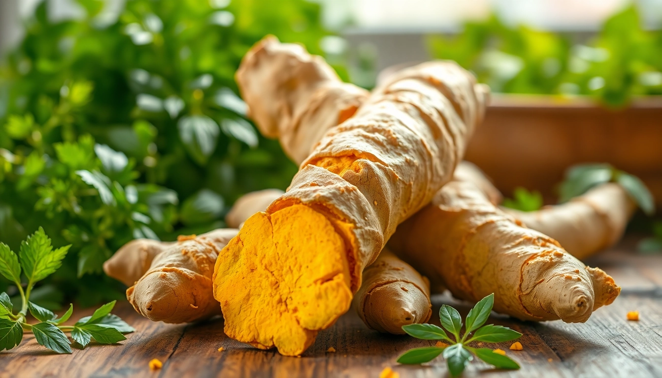 Fresh turmeric root surrounded by herbs highlighting its vibrant color and health benefits.