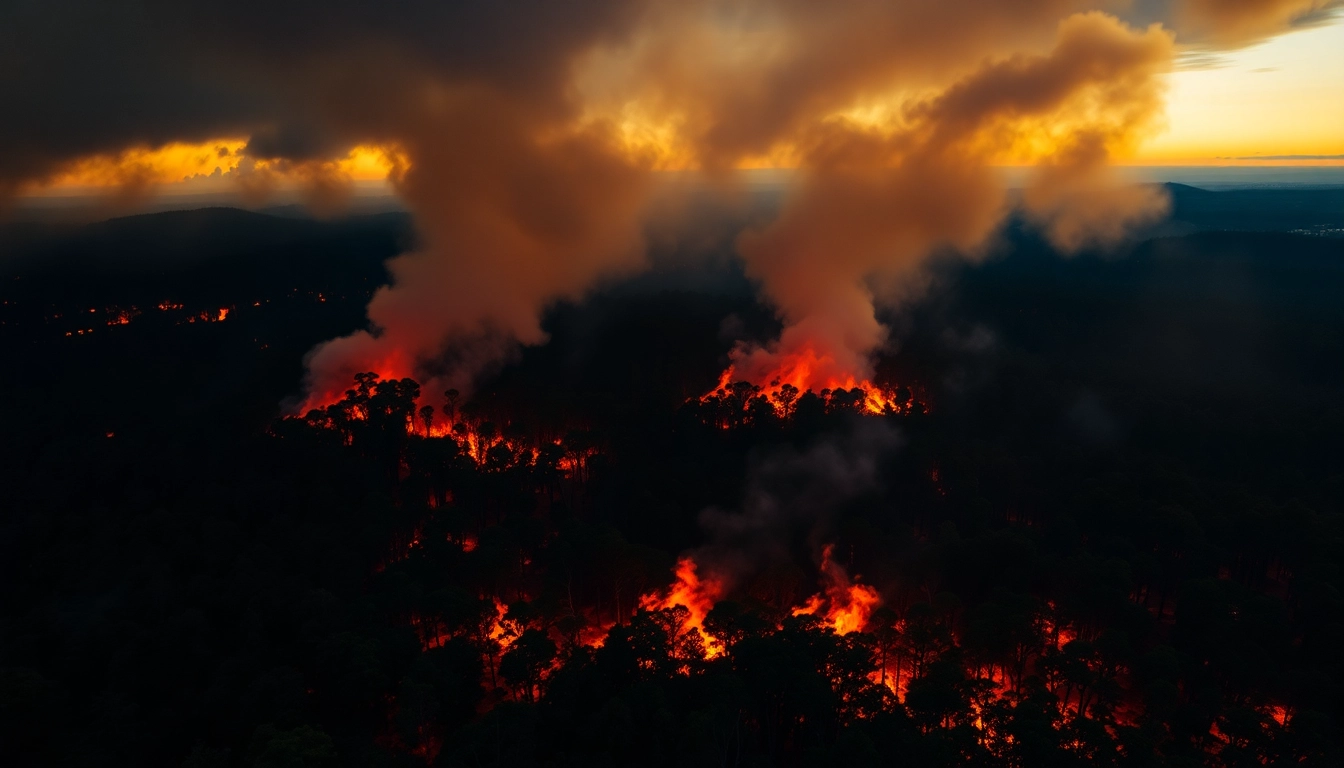 Witness the intensity of wildfire events with flames engulfing a forest in dramatic sunset lighting.