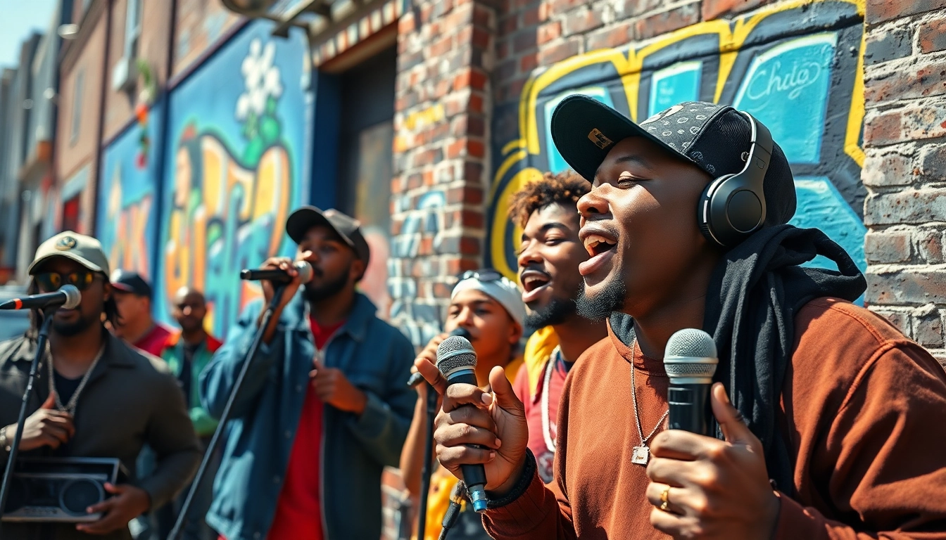 Artists engaging in rap culture in Chicago, performing in a vibrant urban setting highlighting the city's diverse musical legacy.