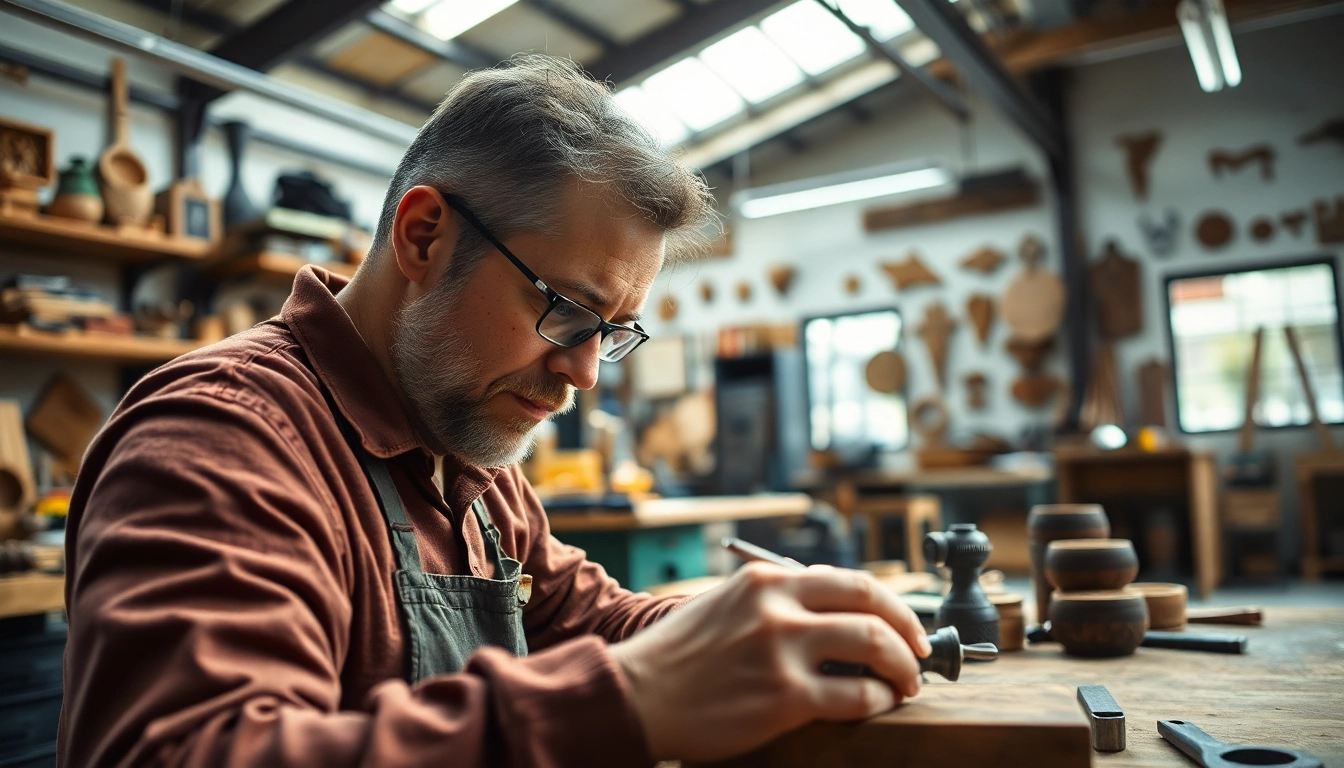 Artisan working in custom shops, showcasing unique craftsmanship amidst tools and materials.