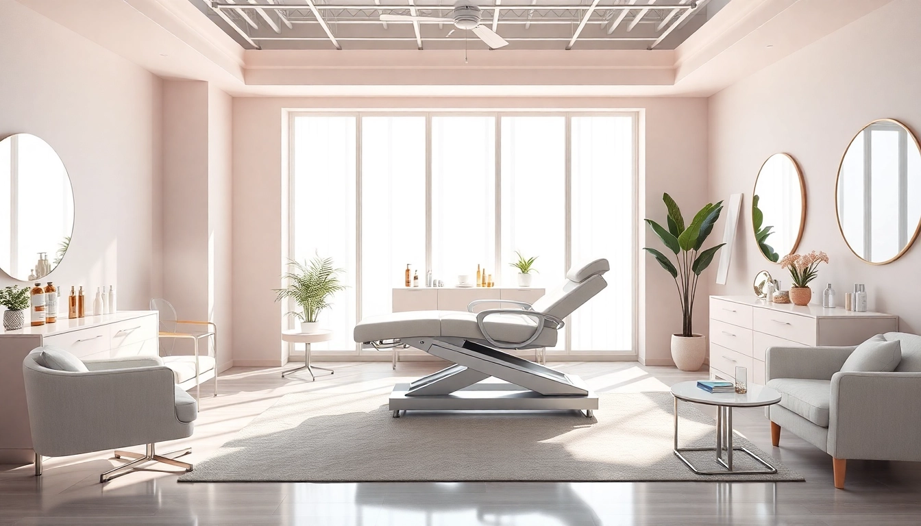 Kosmetikstudio Einrichtung mit eleganten Möbeln und einer modernen kosmetischen Liege.