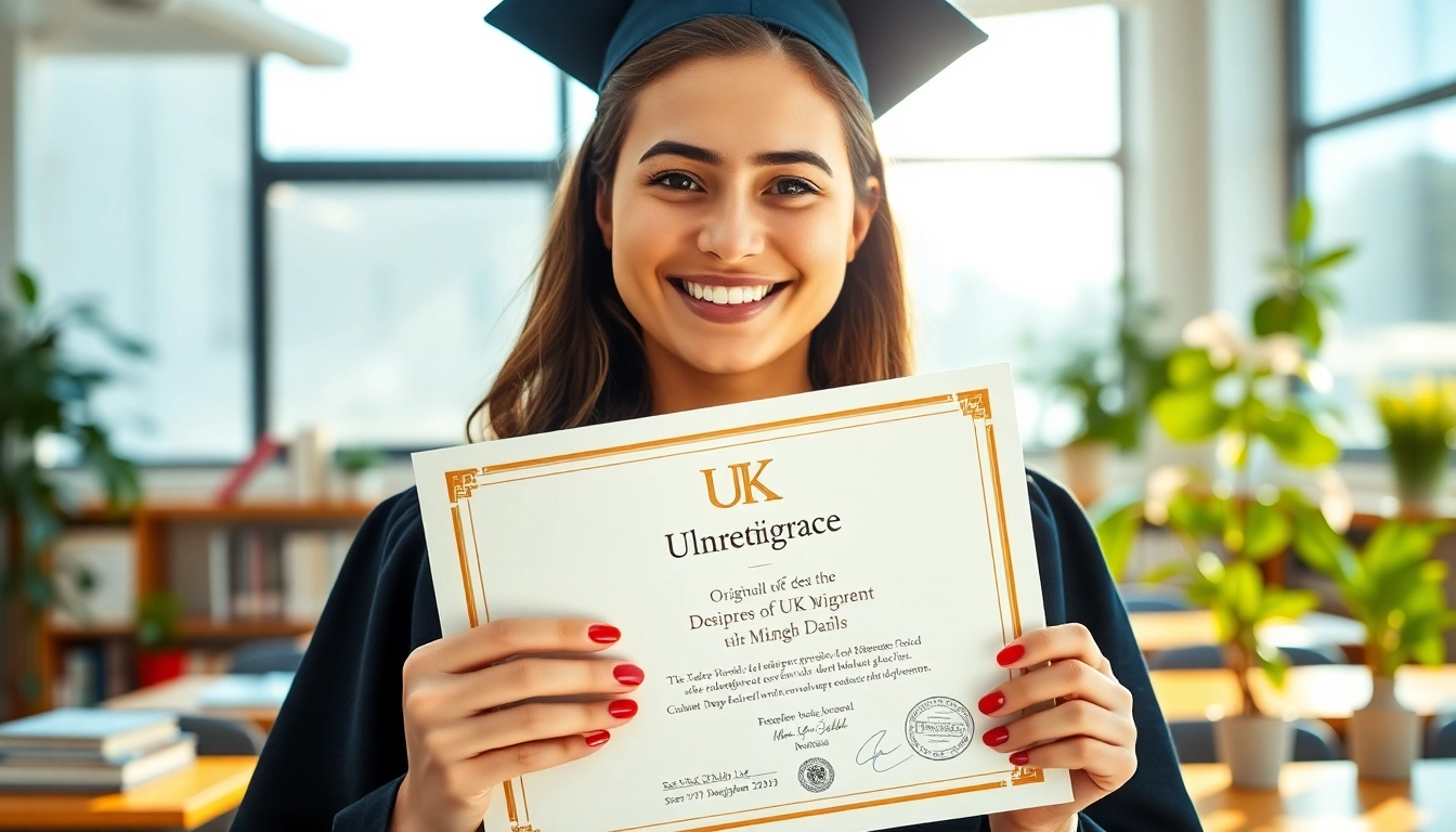 Graduate proudly displaying an original UK degree certificate in an inspiring academic setting.