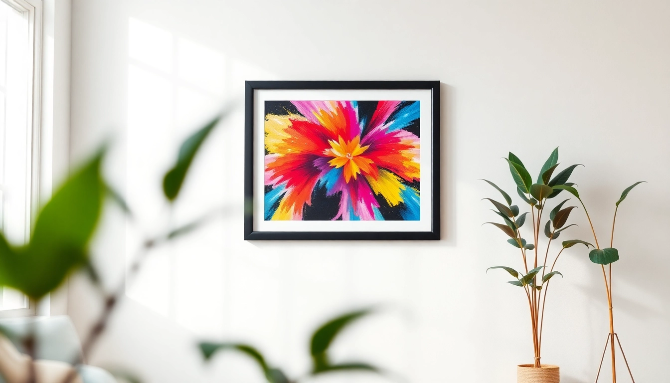 Display a 20x30 frame showcasing vibrant artwork on a minimalist wall.