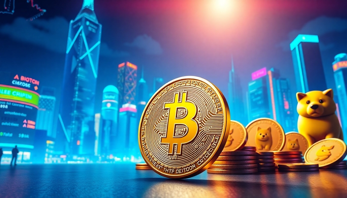 Showcasing iconic meme coins like Dogecoin and Shiba Inu in a vibrant digital cityscape.
