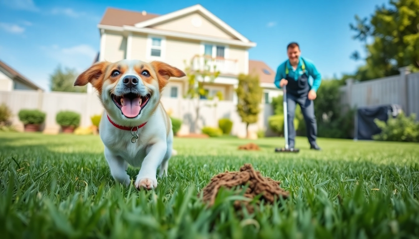 Dog poop cleaning service technician scooping waste in a backyard while a playful dog enjoys the clean space.