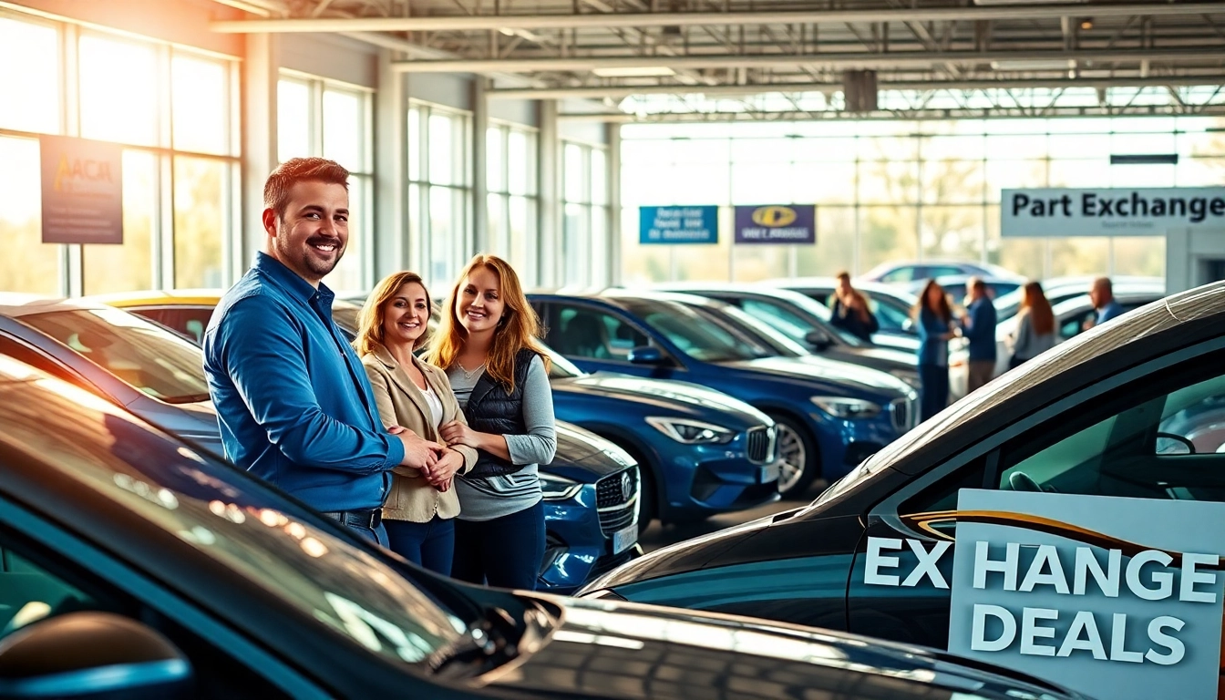 Showcasing a busy car dealership offering Part Exchange services with customers engaged in transactions.