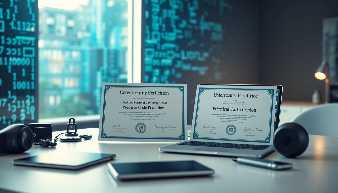 Showcasing cybersecurity certifications on a modern desk with tech gadgets.