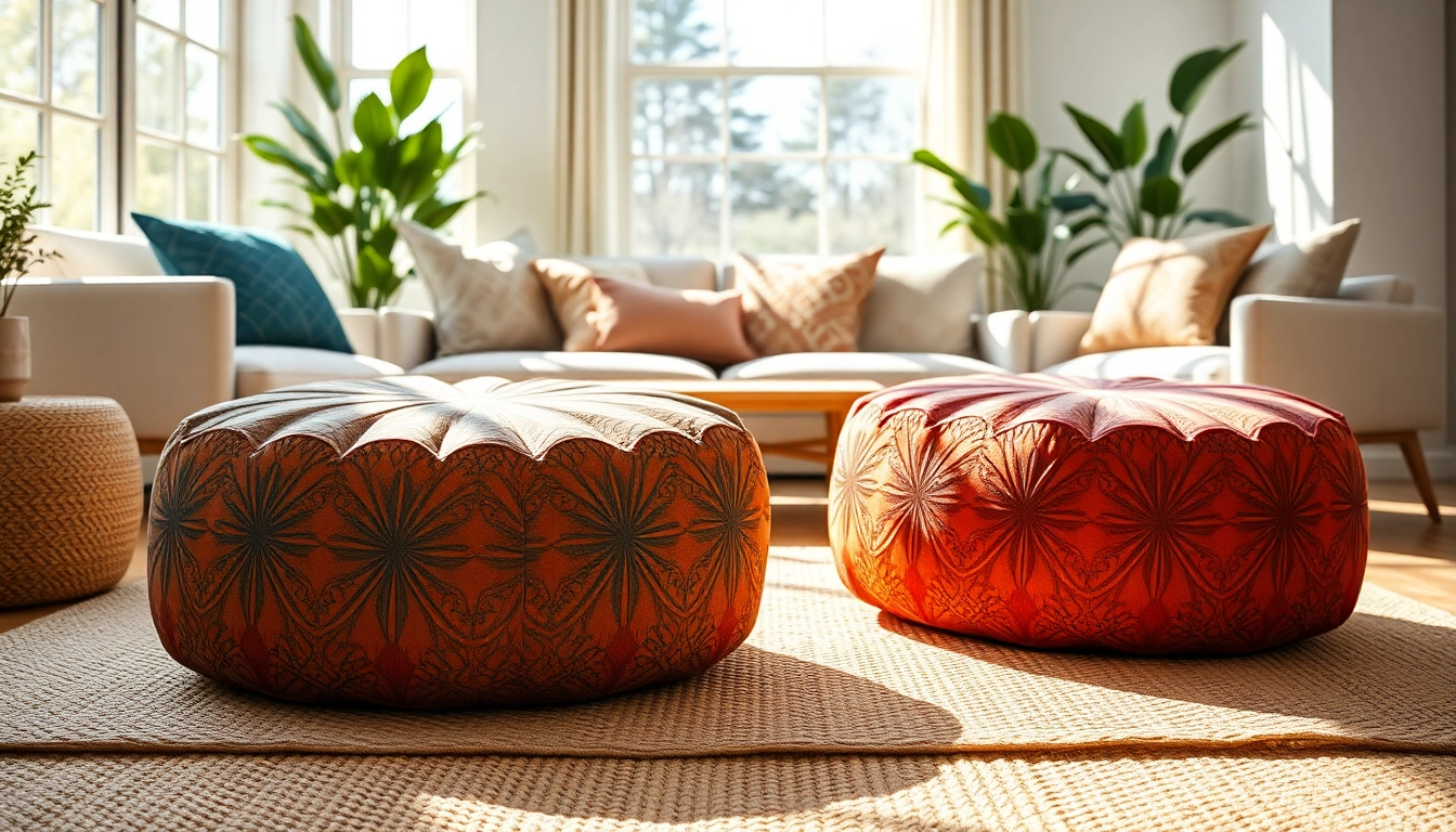 Cactus silk Poufs adding vibrant color and texture to a stylish living room setting.
