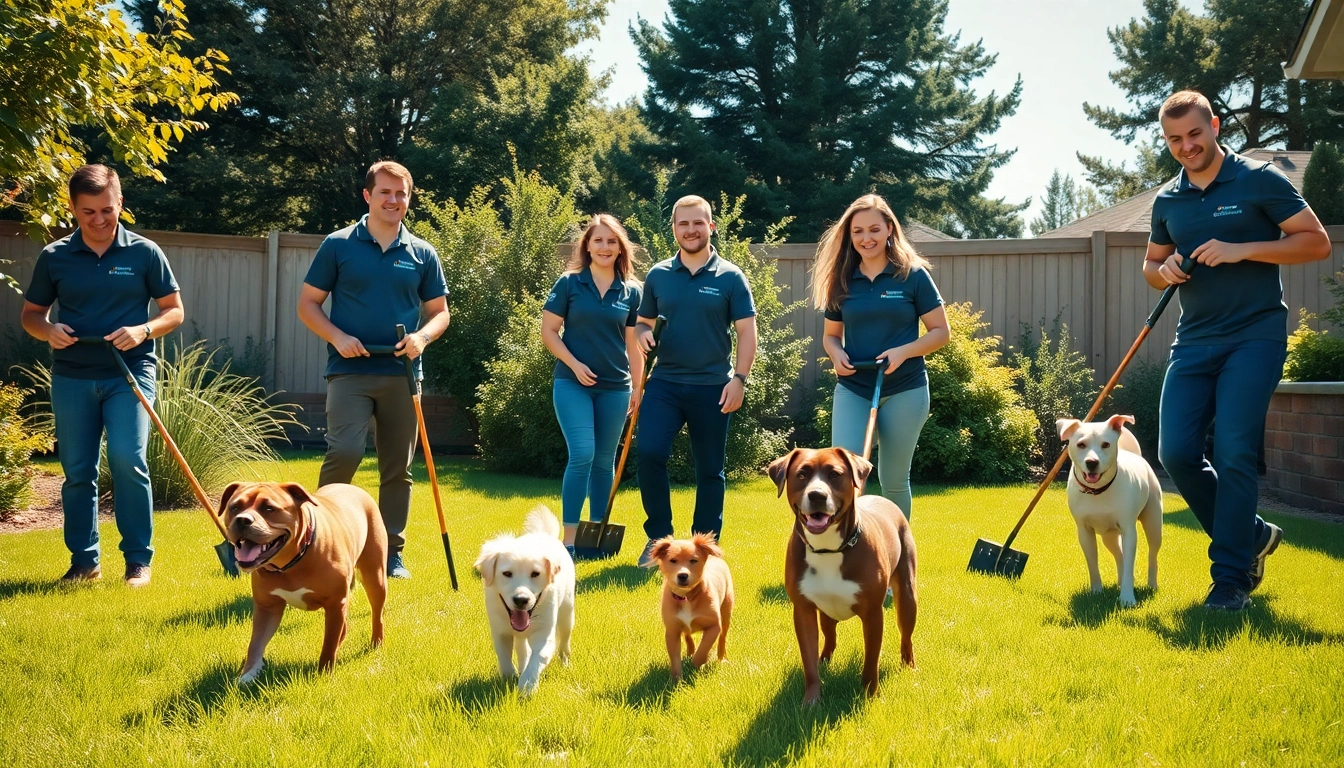 Affordable pooper scooper service San Antonio team efficiently cleaning a yard with happy dogs.