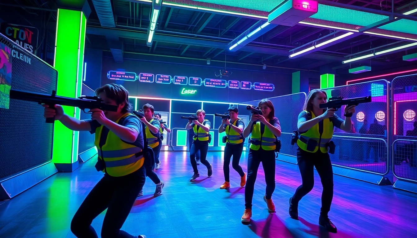Players engage in an exciting laser tag match in a vibrant arena.