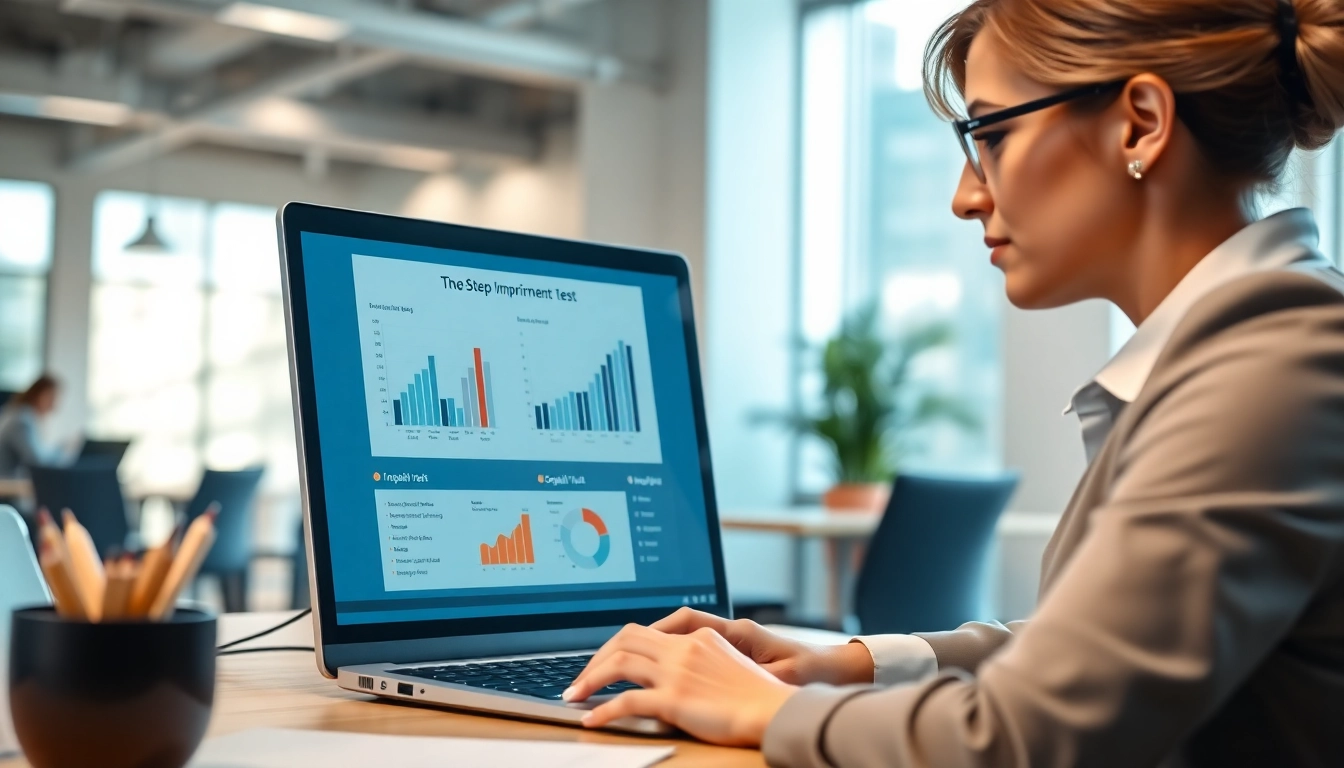 Conduct an impairment test with detailed financial reports in a modern office.