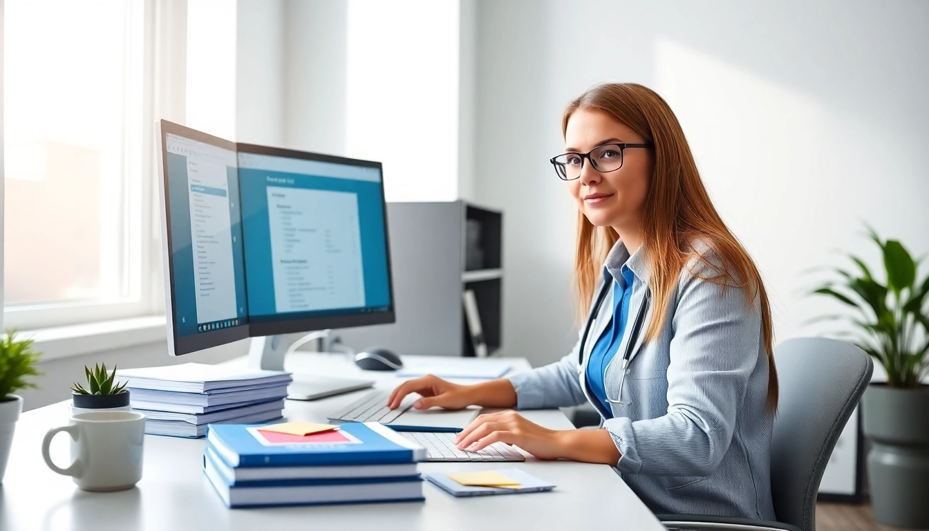 Explore medical coding certification process with a professional coder in a bright workspace.