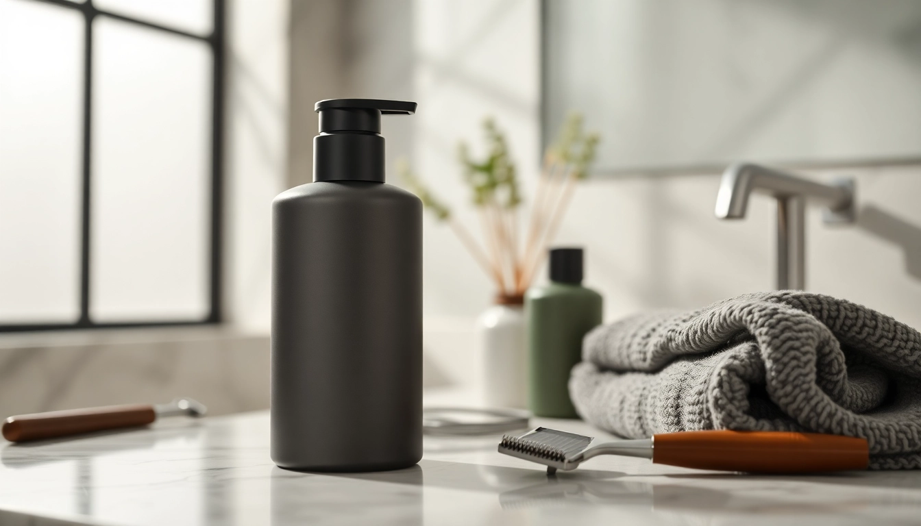 Explore the best face cleansers for men with a sleek product display in an upscale bathroom.