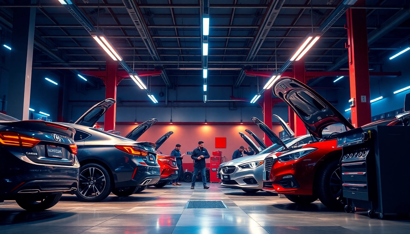 Get quality car service in Atlanta with professionals working on sleek vehicles in a modern garage.