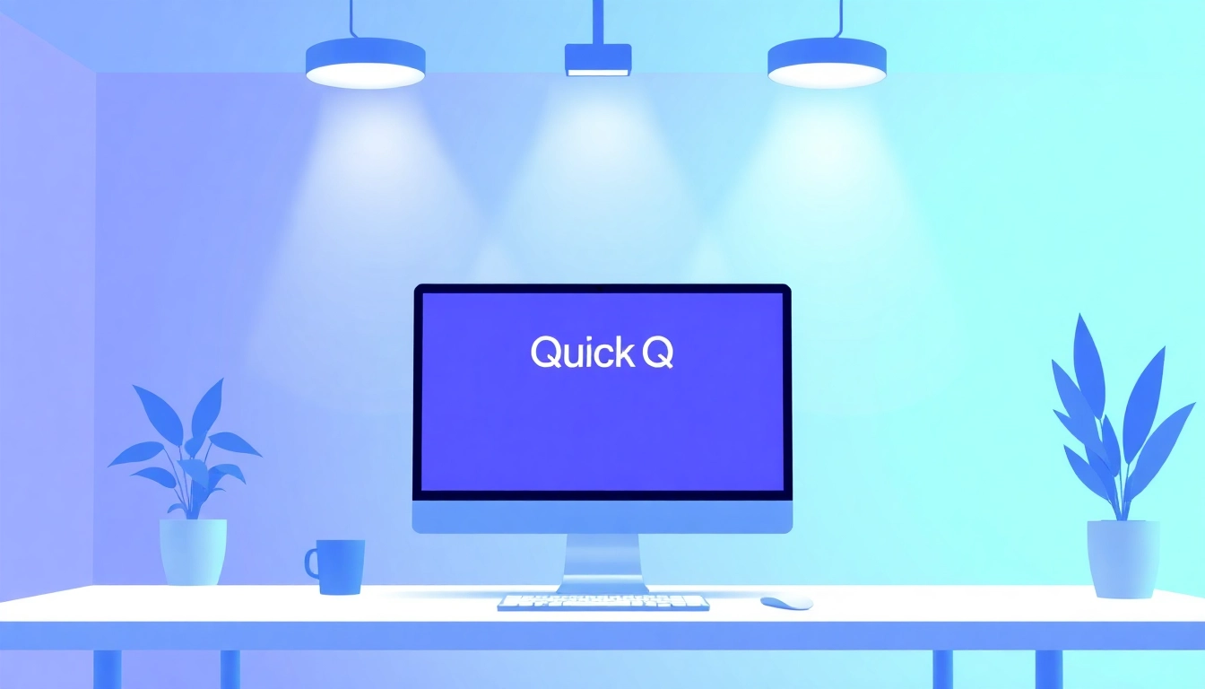 Engage with QuickQ官网 in a modern workspace illustration showcasing digital efficiency.