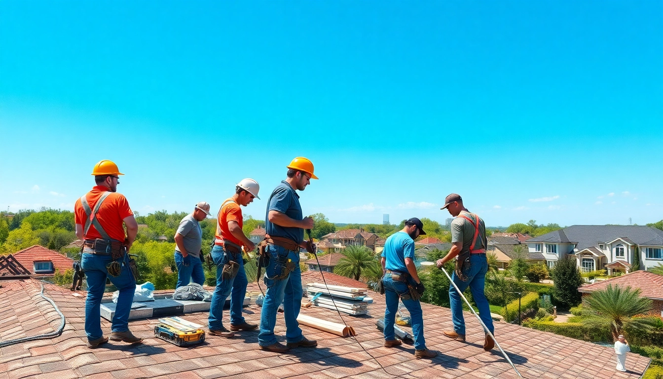 Licensed and insured roofers Austin collaborating on a residential roofing project in a sunny neighborhood.