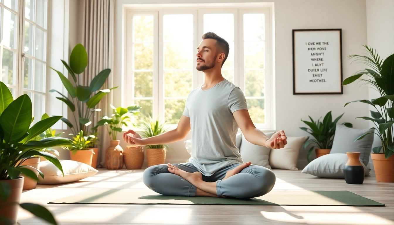 Practicing mindfulness and yoga for dealing with stress in a serene room filled with plants.