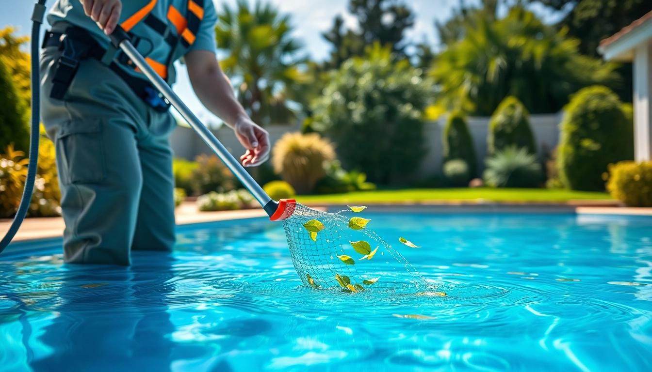 Hire a pool cleaning service near me as a technician cleans a crystal clear pool.