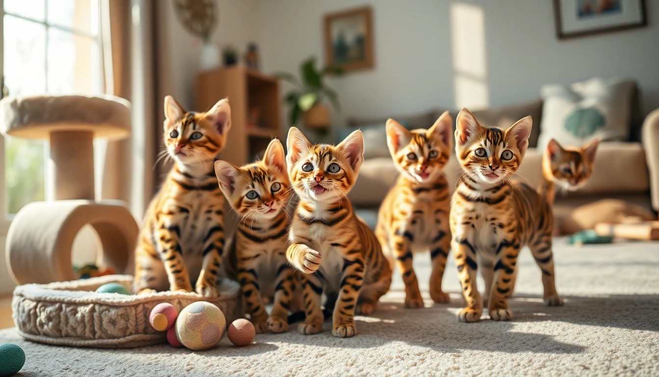 Adorable Bengal kittens from Bengal Breeders Orange County frolic in a sunlit living room.