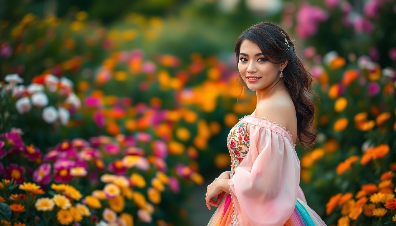 Bridal beauty in striking Coloured Wedding Dresses amidst vibrant floral garden.