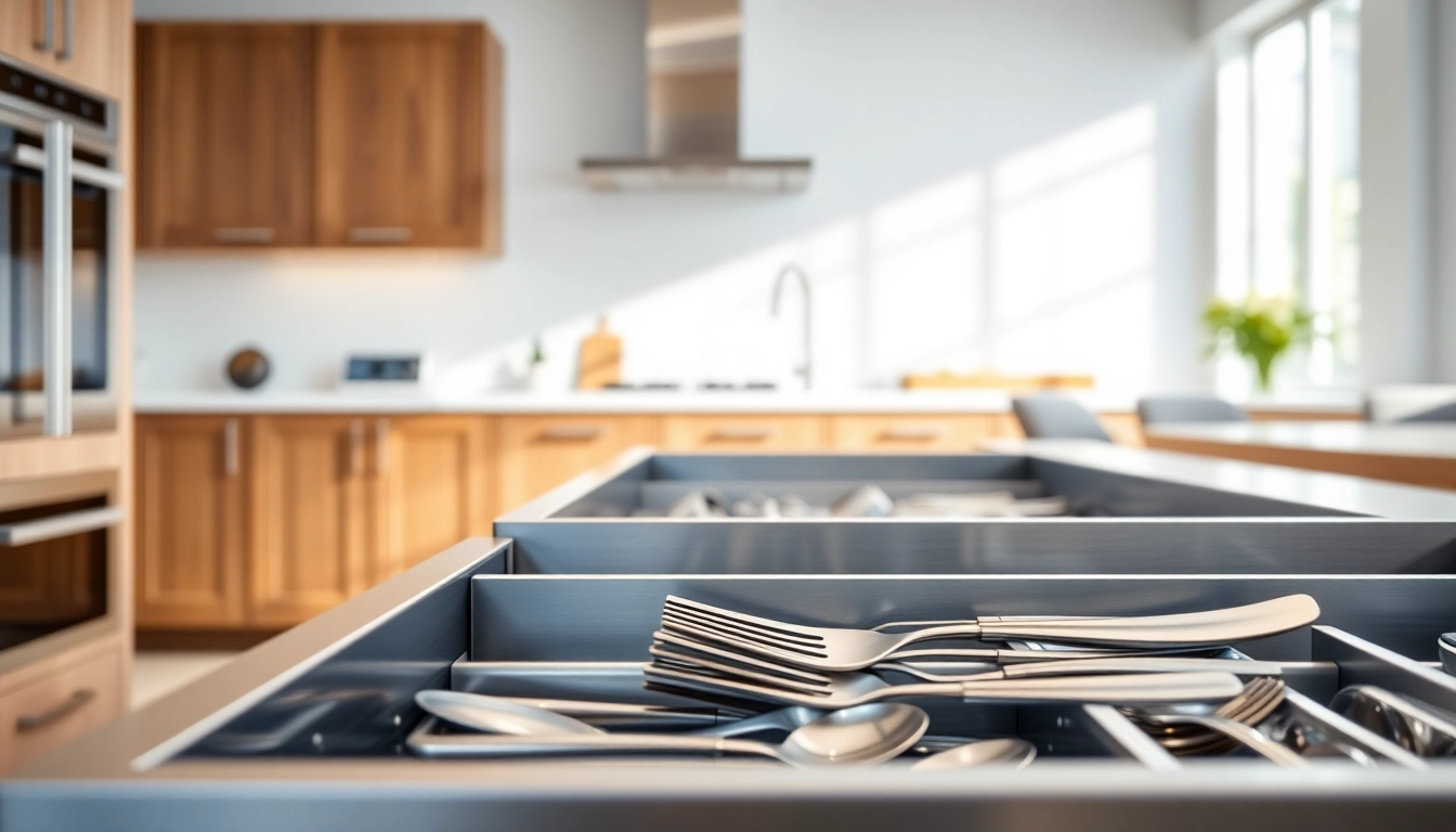 Showcase of a Metal Drawer System in a stylish kitchen, highlighting sleek design and functionality.