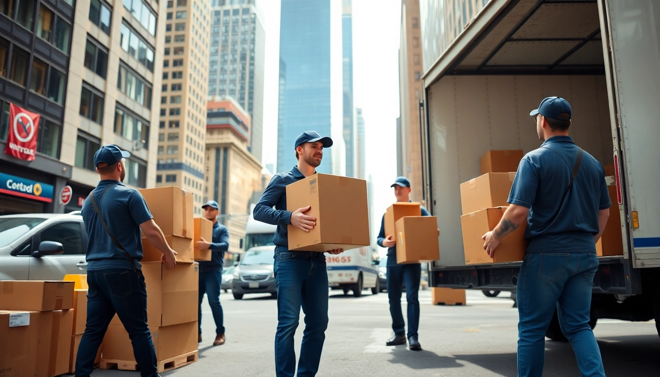 Efficient movers nyc loading cargo into a truck, showcasing urban hustle in New York City.
