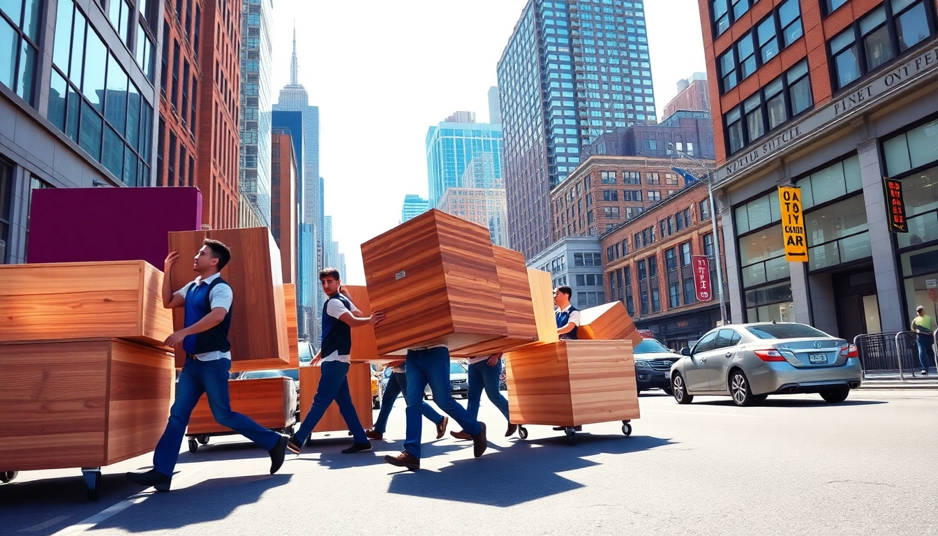 Movers nyc team efficiently relocating furniture in a vibrant NYC setting.