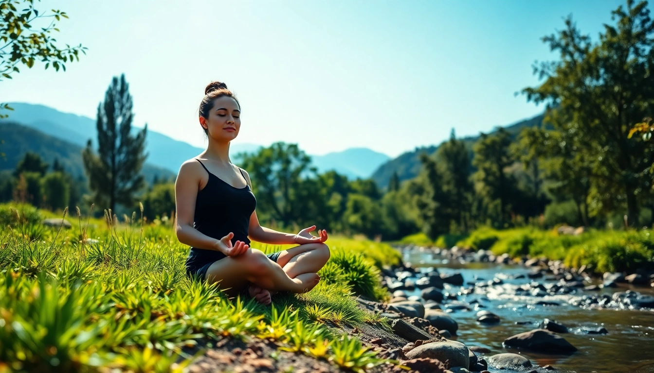 An individual practicing mindfulness meditation to manage dealing with stress in a peaceful outdoor setting.