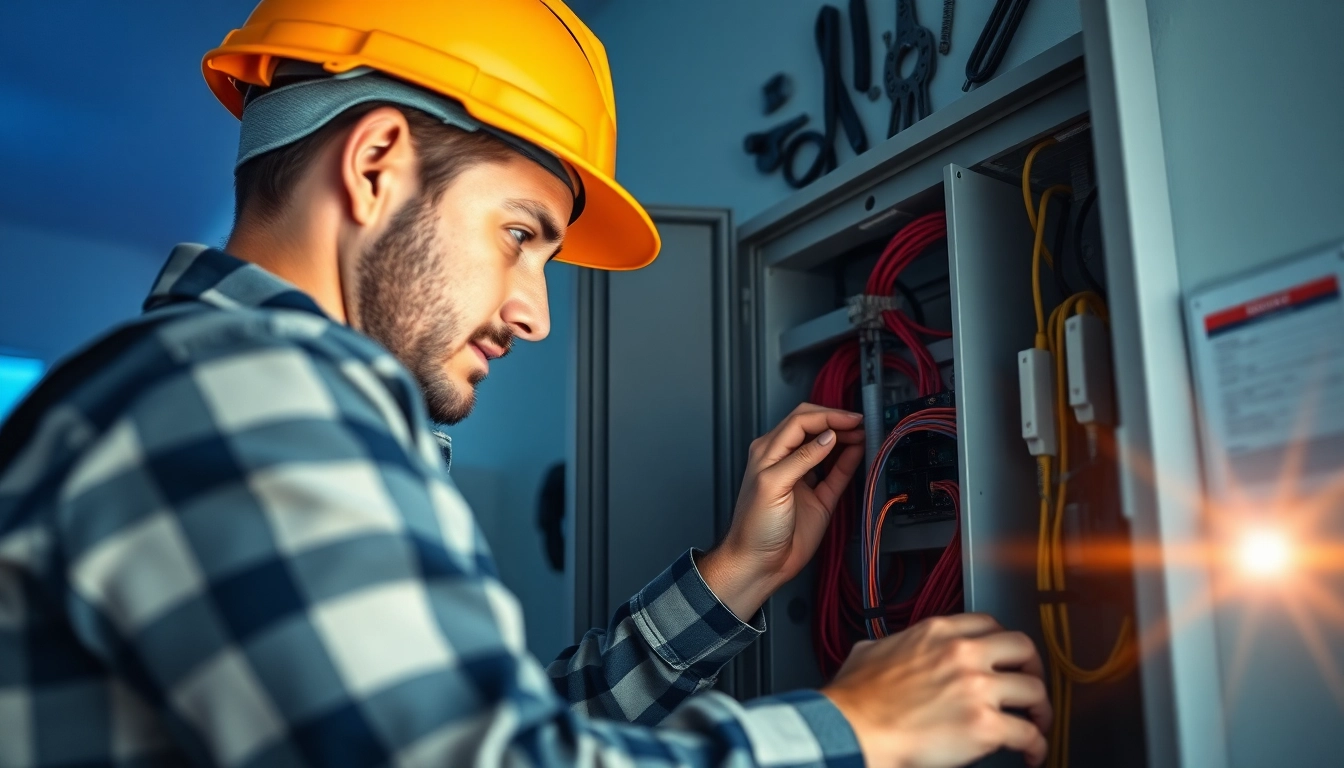 Technician performing electrical service work on a residential panel during installation.