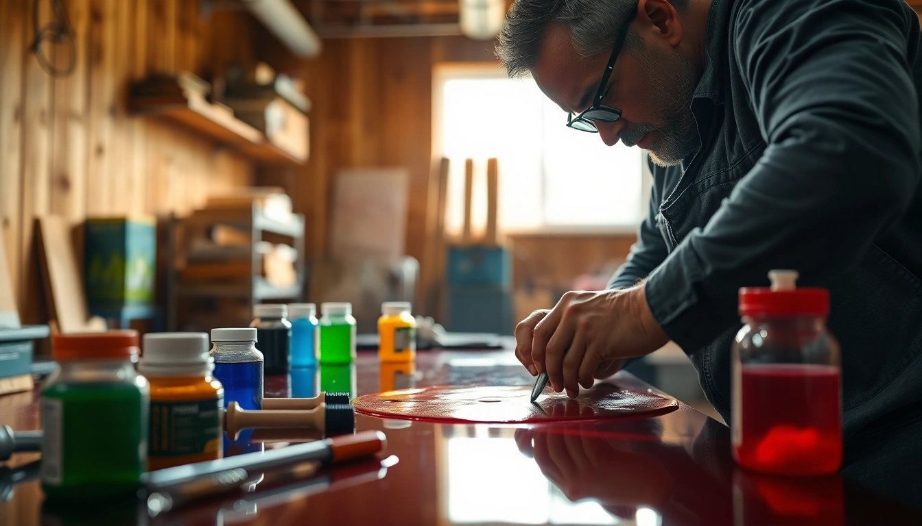 Applying laminating resin meticulously on fiberglass in a bright workshop setting.