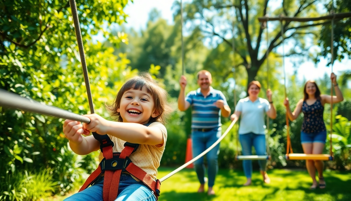 Family enjoying a ZIP WIRE KIT in a vibrant backyard setting, showcasing teamwork and adventure.